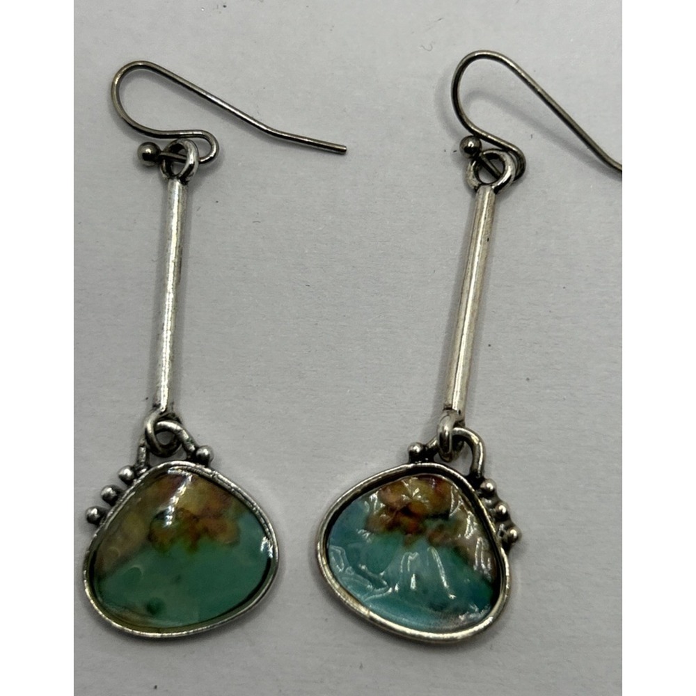 Vintage Faux Turquoise Long Drop Earrings‎ Silver tone Dangling Spring - Picture 3 of 5